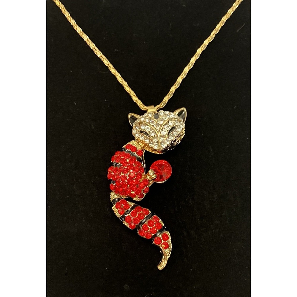 Betsey Johnson Signed Vibrant Rhinestone Pave Crystal Ruby Red Fox Necklace NwT